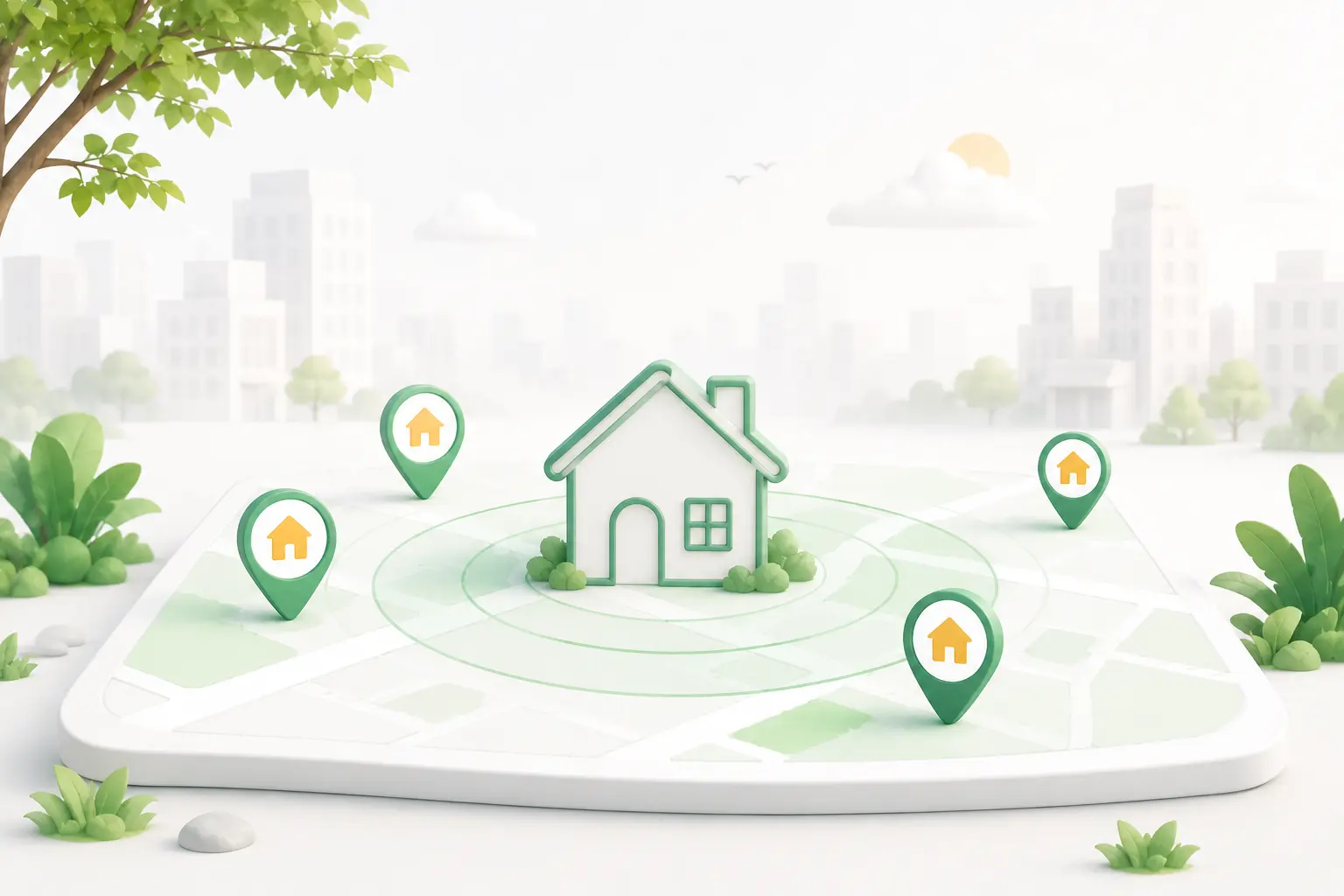 Empty rental map illustration with home pins