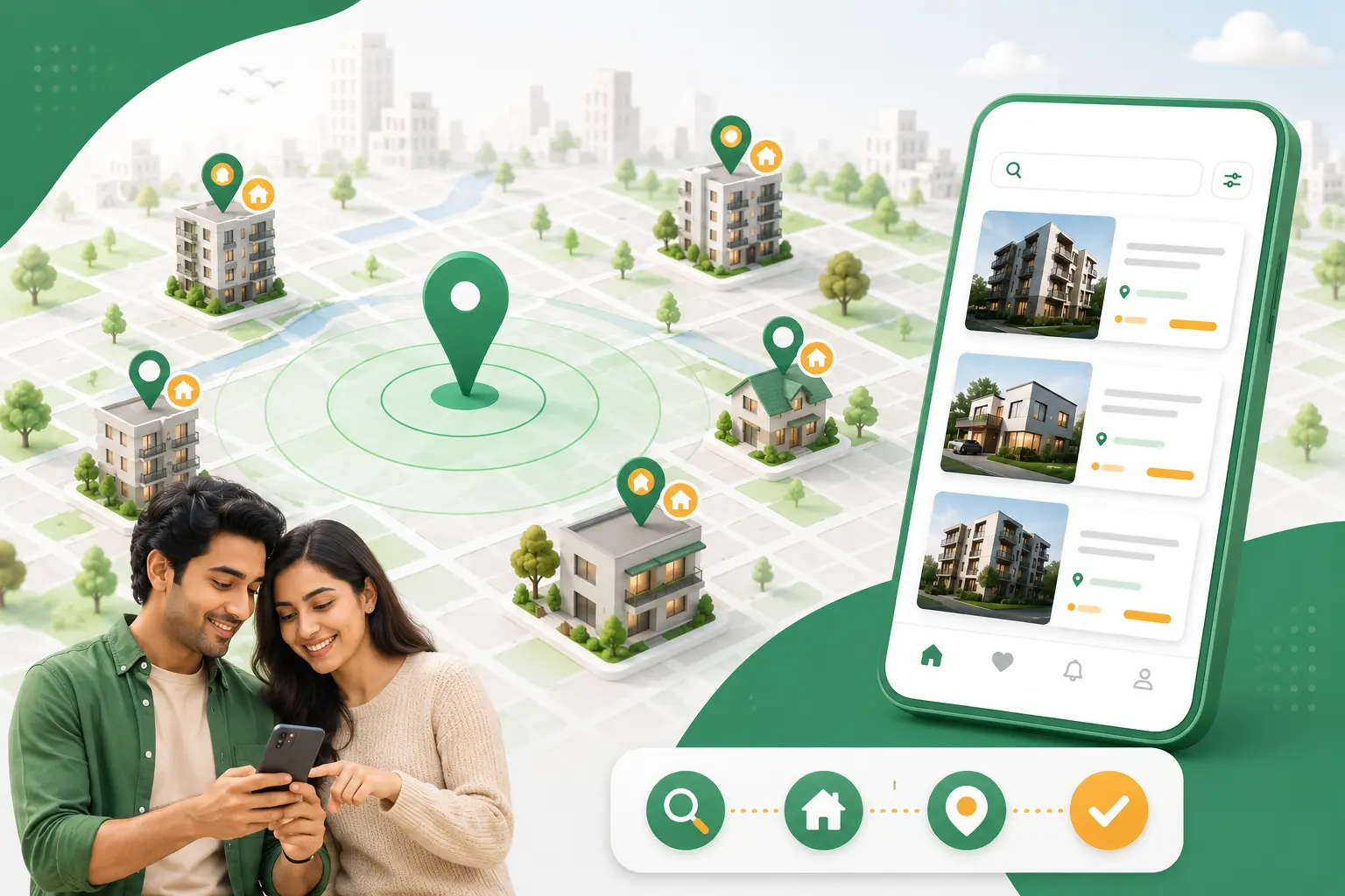 Rentlio app preview with nearby homes and search radius